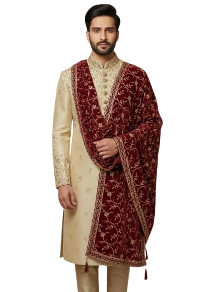 Image of Elegant Men's Wedding Sherwani Dupatta, Gold Velvet Floral Print, Traditional Indian Ethnic Wear with Tassels, Free Size