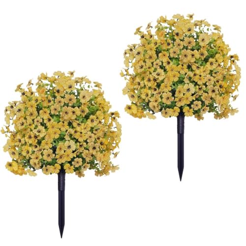 Garvee 2 Pcs Lifelike Artificial Boxwood Topiary Ball Trees, UV Resistant Outdoor Faux Shrubs, Includes Ground Spike, Perfect for Porch, Front Garden & Home Decor, Yellow