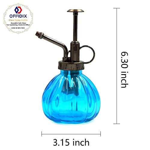 OFFIDIX Glazen waterspuitfles, 6,3 inch hoge vintage stijl spritzer met bronzen plastic toppomp één hand gieter glazen spuitfles voor tuinieren (lichtblauw) - Afbeelding 4