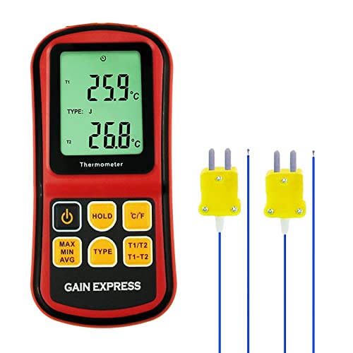 Thermocouple Thermometer Digital K/J/T/E/R/S/N Type Dual Channel Thermometer With Backlight, Hvac Temperature Meter With 2 Thermocouples, Max/Min/Avg 