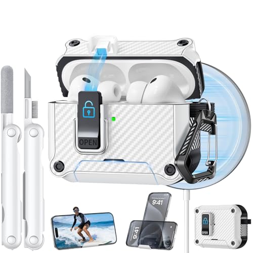 Image of Dual Safety Lock for AirPods Pro 3 Case 2025, Compatible with MagSafe - Designed with Automatic Switch and Phone Stand, Includes a Cleaner & Keychain - Rugged Tough Hard Shell