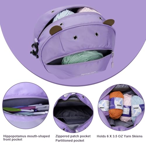 Image of Hippo Yarn Storage Bag Organizer for Crochet Portable Knitting Holder with Zipper, Small Craft Project Bag, Cute Crochet Accessories & Gifts for Women (Light Purple)