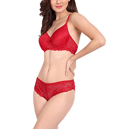 Image of FIMS - Fashion is my style Women Cotton Floral Lace Padded, Non-Wired, Full Coverage, Seamless Bra Panty Set, Multicolor, Lingerie Set