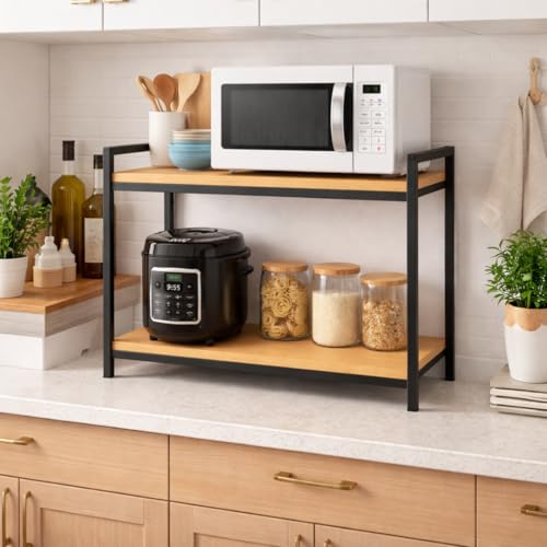 Image of Wooden 2-layer Microwave Rack, Kitchen Storage for Home, Metal Strong Rack for Kitchen | Wooden | Brown