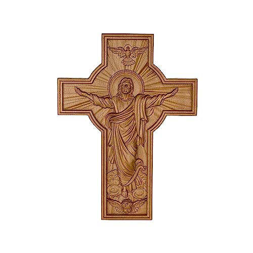 Bgcopper Ascension Of Jesus Handmade Crucifix Wall Cross, Catholic Wall Decor Wooden Christian Decoration Gift Wood Carving Crucifix Handmade Craft, 14 In #TOP7
