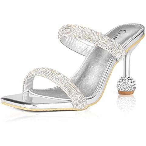 CAMSSOO Women's Rhinestones Heels Sandals Square Open Toe Strappy Slip On Mules Dress Sexy Fashion Wedding Backless Stilettos Heeled Slippers Silver PU Size US 6 CN 36 Cover