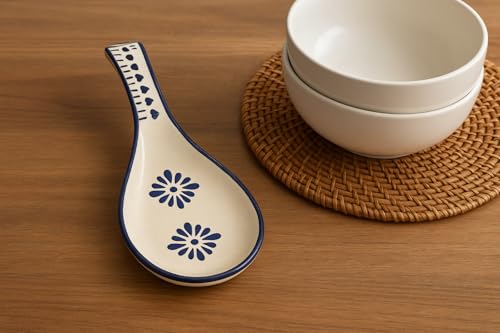 Image of Maya | Hand-Painted Ceramic Spoon Rest - Blue Floral Design, Large Cutlery Holder for Kitchen & Tableware, Pack of 1 (Blue)