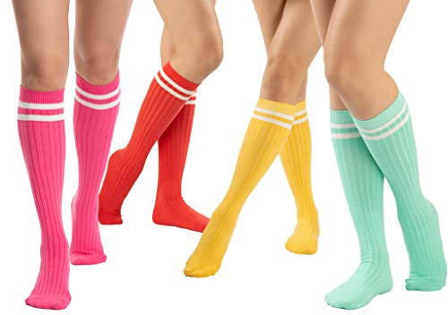 Sirici Knee High Socks | Womens Striped Cotton Knee High Tube Sock | Knee length Boot Socks (Citrus w Stripes)