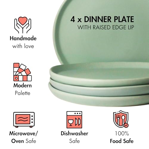 Image of Ceramic Dinner Plates, 4 Pcs | Rim Plate for Easy Eating | Microwave, Oven, Dishwasher Safe | Set of 4 Ceramic Plates for Dinner | Handmade | (Almost Blue, Set of 4 Dinner Plates)