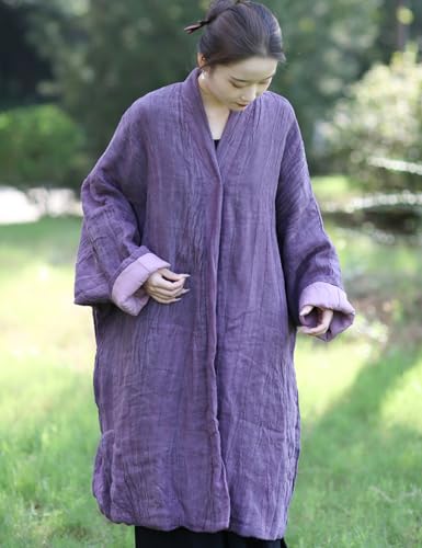 NFYM Women's Long Quilted Outerwear Jacket Texture Linen Shawl Collar Open Front Kimono Retro Winter Plus Size Jacket (US, Alpha, One Size, Plus, Regular, Dark Purple)