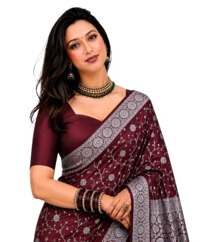 Image of Women's Glory Banarasi Satin Kanjivaram Saree Silver Zari Border Pure Soft Blend Silk Sari Kanchipuram Paithani Silk Party Wedding Festive New Ladies Sadi with Unstiched Blouse Piece.