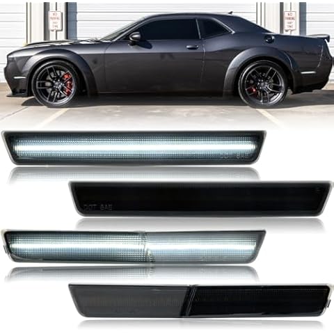 NJSBYL Front/Rear LED Side Marker Lights for 2018-2022 D0dge Challenger R/T Scat Pack SRT Hellcat SRT Hellcat Redeye Widebody Package Smoked Lens White LED Left and Right Markers Lamps Cover
