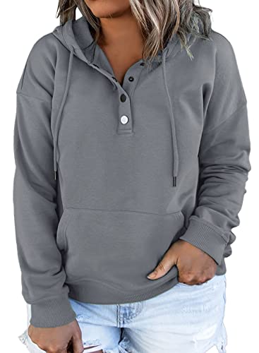 Eytino Womens Plus Size Hooded Tops Button Collar Long Sleeve Drawstring Hoodies Pullover Sweatshirts With Pocket,2X Gray #TOP14