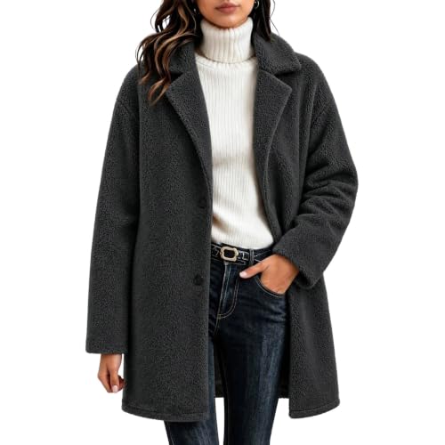 Image of Fuzzy Fleece Pea Coat Women Plush Notch Collar Jacket Winter Outwear
