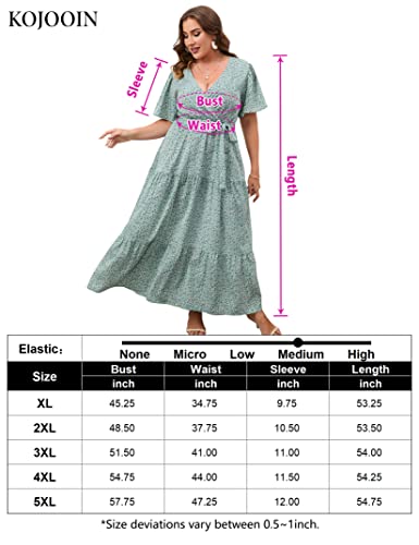 KOJOOIN Women Plus Size V Neck Wrap Maxi Dress Short Sleeves High Waist Ruffle Summer Casual Dress with Belt Green Floral 2XL