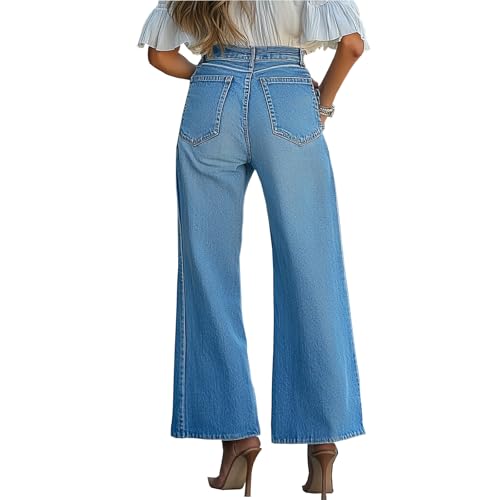 Women's Wide Leg Straight Jeans High Waisted Stretch Loose Denim Pants2