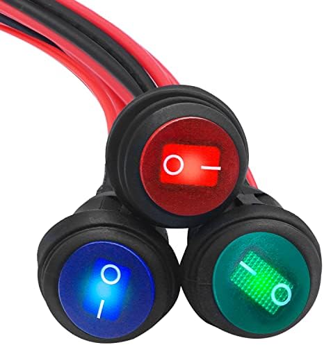 mankk 3PCS Round Rocker Switch 12V ON Off 3 Pin SPST Waterproof Toggle Switch SPST Blue Green Red LED Light with Detachable Wires for Car Auto Boat Trucks KCD1-5-101NW-3C-X