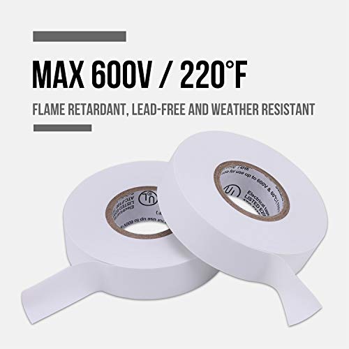 Lichamp 10-Pack White Electrical Tape Waterproof, 3/4 in x 66ft, Industrial Grade UL/CSA Listed High Temp Electrical Tape Electric Super Vinyl