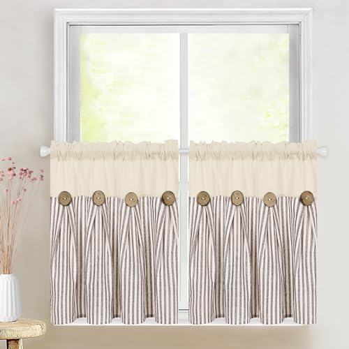 Cotton Linen Farmhouse Kitchen Boho Rustic Button Tier Curtains 24