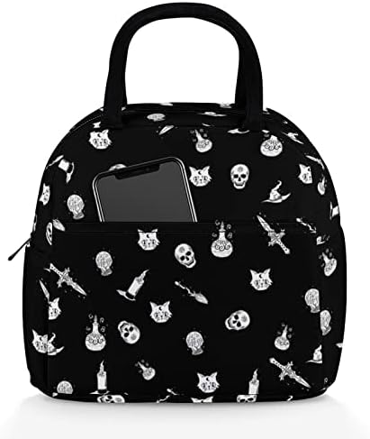 DOUBLE WINGS Halloween Skull Cat Gothic Lunch bag, Insulated Lunch Bag for Women Men Large Lunch Box Container Reusable Leakproof Tote for Office, Work, School, Beach or Travel