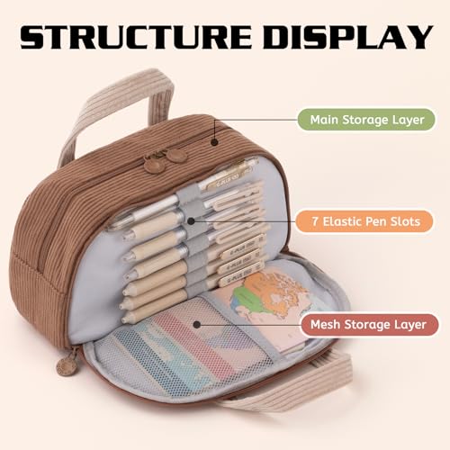 Image of EASTHILL Corduroy Hand-held Pencil Case Large Cute Pencil Pouch Stationery Pen Bag for Teen Girls-Brown