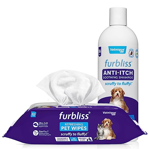 Furbliss Anti-Itch Soothing Oatmeal Shampoo 16oz & Hygienic Grooming Pet Wipes 100ct Bundle, Anti-Itch Oatmeal Shampoo for Dogs, Dog Grooming Wipes with Aloe & Vitamin E
