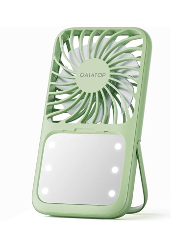 Image of Gaiatop Mini Handheld Fan - 3 Speeds, 2000mAh USB Rechargeable Portable Fan with LED Lighted Makeup Mirror and Stand, Small Personal Fan Ideal for Outdoor Travel, Gifts for Women & Girls (Green)