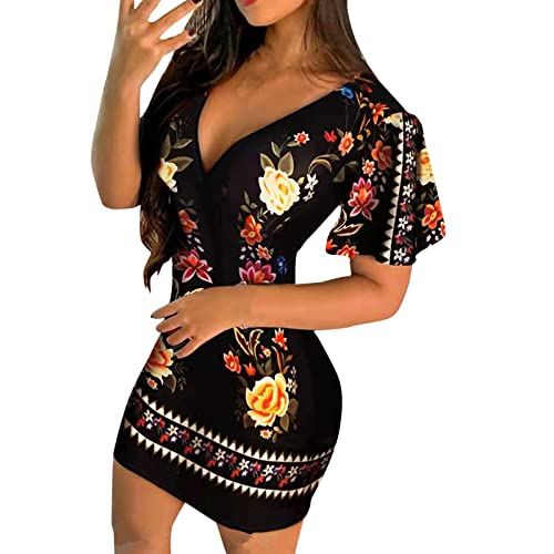 Vestido de Cadera de Manga Corta con Escote en V Profundo Sexy de Moda para Mujer, Vestido de Noche de Coctel Estampado de Moda Party Cóctel Ceremonia Elegante Primavera(A Negro,M)