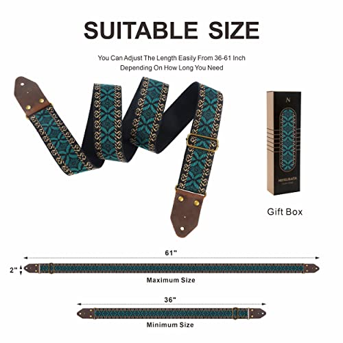 Image of Nefelibata Guitar Strap,Jacquard Embroidery Cotton Guitar Straps with Crazy Horse Leather Leather Ends for Bass, Electric & Acoustic, Best Gifts for Kids, Guitarists(Embroidery green)