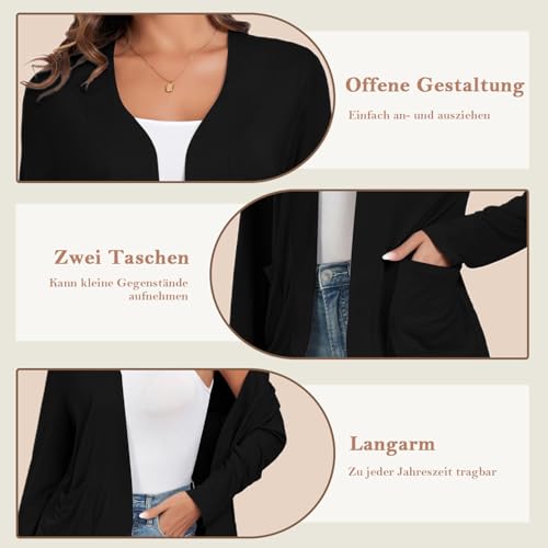 TownCat Strickjacke Damen Dünne Casual Langarm Elegant Cardigan Mit Taschen Leicht Gemütlich Offene Vorderseite Ärmel Draussen Atmungsaktiv Jacken Schwarz M