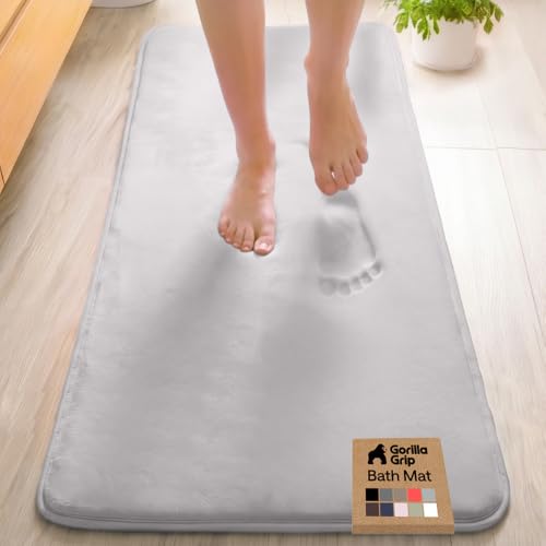 Image of GORILLA GRIP Memory Foam Bath Rugs, Soft Absorbent Velvet Bathroom Mats, Durable Dots on Underside, Machine Washable Bathmat, Carpet Rug Room Decor for Shower Floor, 60x24 Mat, Light Gray