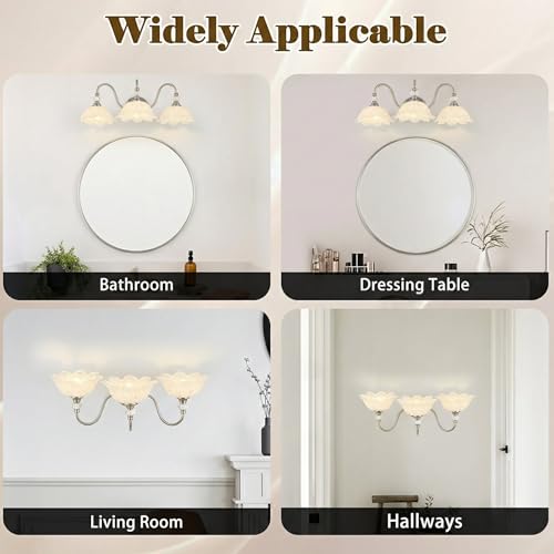 Image of Brushed Nickel 3-Light Bathroom Vanity Light with Floral White Glass Shades, Brushed Nickel Wall Mount Lighting for Bathroom, Dressing Table