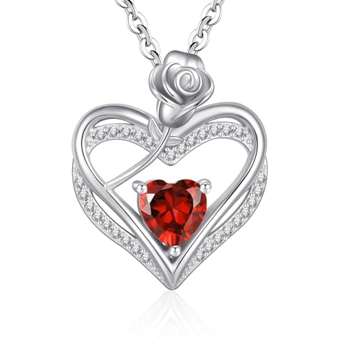 Cosie Lily Regalo Dia De La Madre Collar Plata De Ley 925, Corazon Rosa Joyeria Colgante Cadena, Cumpleaños Día De La Madre Regalo Originales para Mama Abuelas Amiga, Rojo