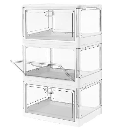3-Pack Clear Stackable Storage Bins with Lids Magnetic Doors Open Front Foldable Folding Plastic Craft Containers Large Closet Organizers Box for Bedrooms Living Rooms Study Kids’ Toys 24 QT