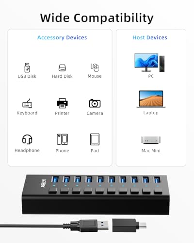 Image of AGEEN 10-Port USB 3.2 Gen 2 Hub, 10Gbps High-Speed Aluminum Powered Hub with 48W Adapter, Individual Switches & Surge Protection for PC /Laptop, Flash Drive, Printer, Camera
