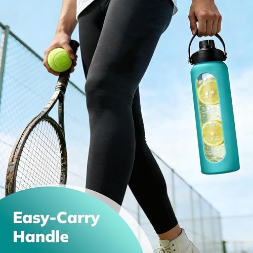 Image of Aqulea 32 oz Glass Water Bottle with 2 Lids - Spout & Straw Lids, 1L Motivational Borosilicate Glass Water Bottle with Time Marker & Silicone Sleeve, Leakproof (Aqua)