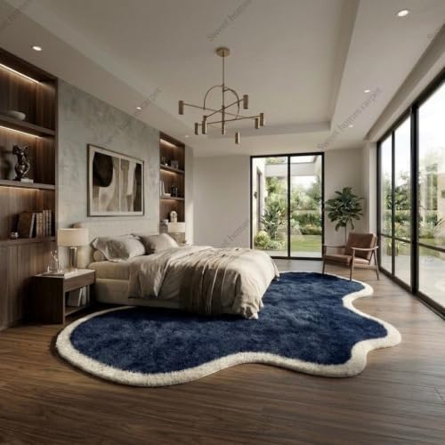 Image of SWEET HOMES Hand Made Carpet Ultra Soft Plush Irregular Shape Rug with Anti-Skid Backing. 7 x 7 Feet (213 x 213 cm), Blue /Ivory
