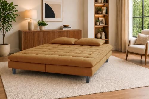 Image of Three Seater Velvet Sofa Cum Bed, Tufted Convertible Sleeper Couch, Space-Saving Design, Comfortable Cushioned Seating - Golden