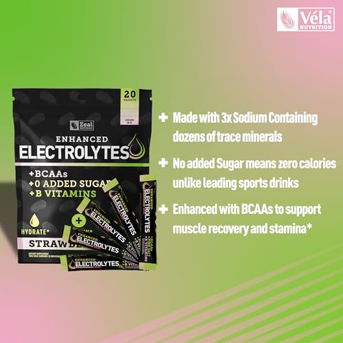 Image of Enhanced Electrolyte Powder Stick Packs (Strawberry Kiwi | 20 Packets) w / 0 Sugar +BCAAs +B-Vitamins Electrolyte Supplement w Potassium Zinc & Magnesium for Hydration - Keto Electrolytes