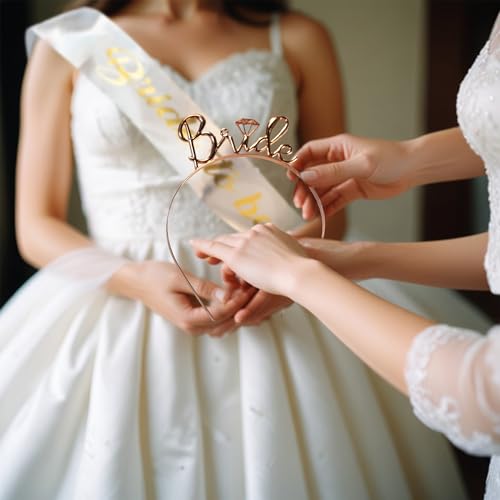 Image of Party Propz Bride to Be Decoration Set Combo - Satin Sash and Rose Gold Crown for Women, Bachelorette Party Decorations, Bridal Shower Accessories & Bride to Be Crown and Sash
