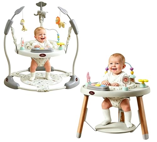 CuddoBaby Baby Jumper 4-Stage Convertible| Montessori -Inspired 8 Interactive Toys| Tummy Time Playmat Bouncer Exersaucer Toddler Table| Music & Lights | 3-6 6-12 12-18 12-24 Months - Gray