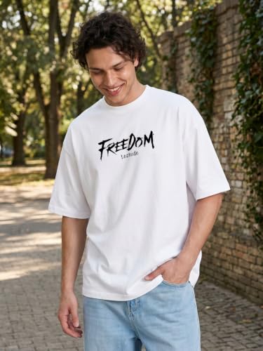 Image of LEOTUDE Men's Premium T-Shirt | 100% Pure Cotton Oversized Baggy Fit Drop Shoulder Cool Back Typographic Printed T-Shirt for Men (Color : Black)