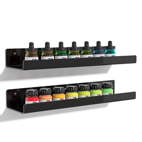 Image of upsimples 2 Pcs 15 inch Acrylic Shelves for Wall Organize and Display, Black | Cute Floating Shelf for Perfume, Skincare, Nail Polish, Wall Organizer for Bedroom, Living Room, Playroom, Room Decor