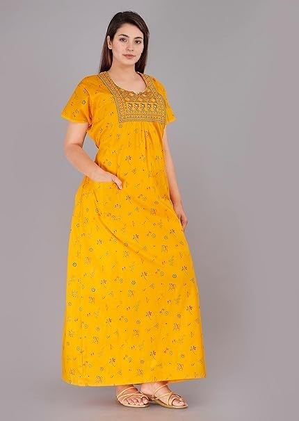 Image of Bresdk Women's Cotton Embroidered Jaipuri Nighty Gown - Pack of 2 Rajasthani Print Maxi Night Dress with Pocket - Soft & Comfortable Ladies Sleepwear & Loungewear