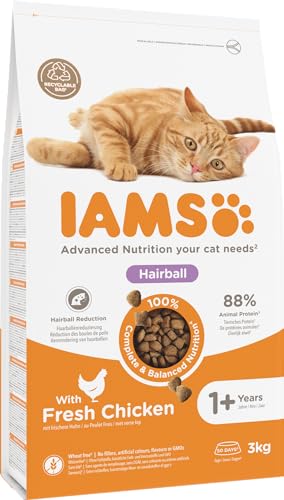 IAMS Anti-Haarballen Katzenfutter trocken mit Huhn - Trockenfutter für Katzen ab 1 Jahr, 3 kg