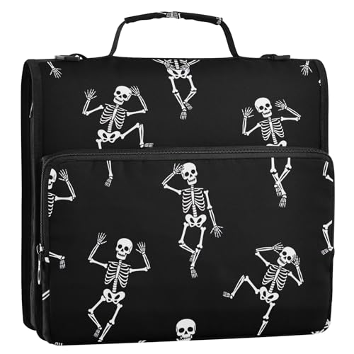 遊び心のあるホワイトスケルトンブラック3リングバインダー 1 1/2インチ Dリングジッパーバインダーオーガナイザーバインダー ショルダーストラップ付き 学校収納ポートフォリオケース ハンドル付き