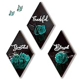 ONIZHITY 3 Pcs Teal Bathroom Decor Rose Wooden Wall Art Turquoise Bathroom Decor with Thankful Grateful Blessed Inspirational for Room Kitchen Bedroom(teal, 12 x 7 Inch)