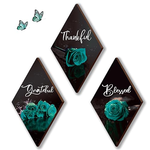 ONIZHITY 3 Pcs Teal Bathroom Decor Rose Wooden Wall Art Turquoise Bathroom Decor with Thankful Grateful Blessed Inspirational for Room Kitchen Bedroom(teal, 12 x 7 Inch)