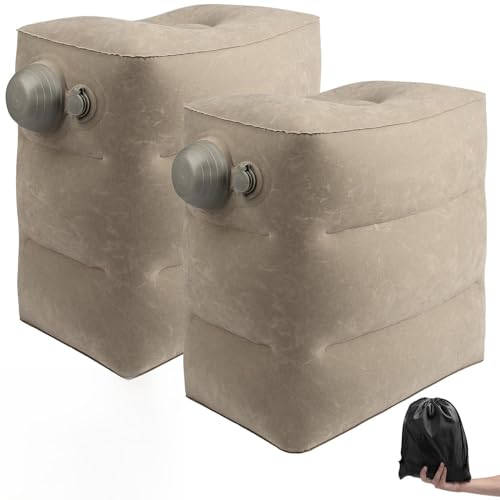 Inflatable Travel Foot Rest Pillow, 2 Pack Airplane Foot Rest Pillows, Portable Inflatable Leg Rest Pillow Flights Seat Extender with Storage Bag for Plane, Car, Train (2Pack Grey)