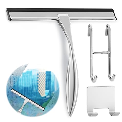 Image of Shower Door Squeegee with Hook - 10 inch Silicone Blade, Stainless Steel Squeegee for Shower Glass with Adhesive Mount - All-Purpose Bathroom Tile, Mirror, & Window Wiper for Streak-Free Cleaning (Silver)